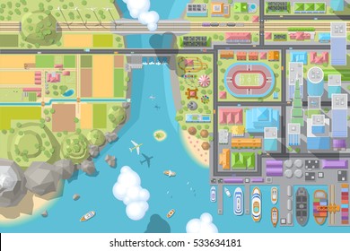 Vector illustration. Landscape view from above. City, buildings, skyscrapers, houses, stadium, park, road, port, sea, river, railway, farm, field. (top view) 