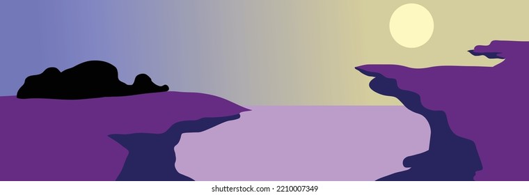 Ilustración vectorial. Paisaje con vistas al desfiladero con hermosas vistas al mar y al cielo.