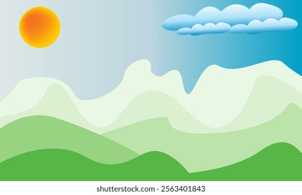 Vector illustration of landscape view of green mountains and sun with cloudy sky