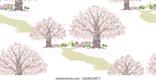 Vector illustration of a landscape with a view of a large cherry trees and a small village. The design can be used for creating invitation cards, picture frames, posters, or scrapbooks. 	