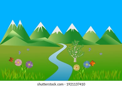 Ilustración vectorial: Vista panorámica de un prado rodeado de montañas, ríos y flores.