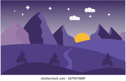 Vector illustration Landscape view with mountain, cloud, tree and stars