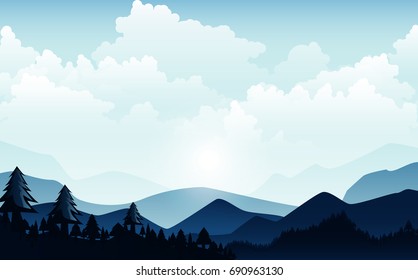 Vector illustration, Landscape view with the sky, clouds,  mountain peaks, and forest. for the website background