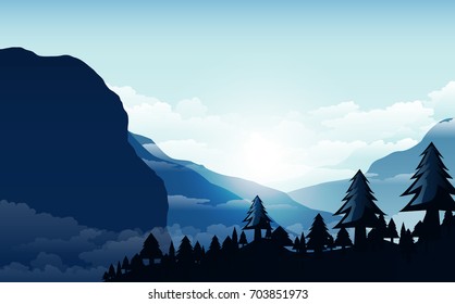 Vector illustration, Landscape view with sunset, sunrise, the sky, clouds,  mountain peaks, and forest. for the website background