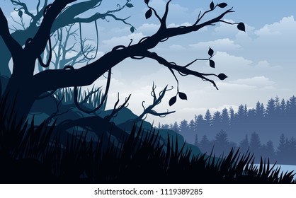 Vector illustration, Landscape view tropical forest the sky, clouds,  mountain peaks, and deep jungle. for the website background