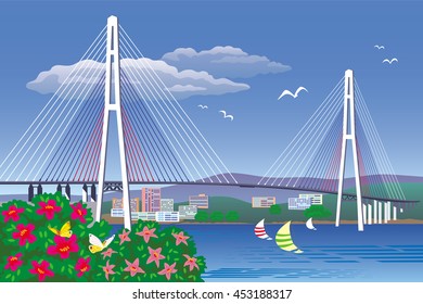 Vector illustration of landscape with views of the sea and the bridge on island Russian