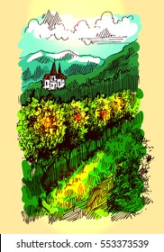Vector Illustration landscape with vineyard. Drawing by hand. Sketch style.