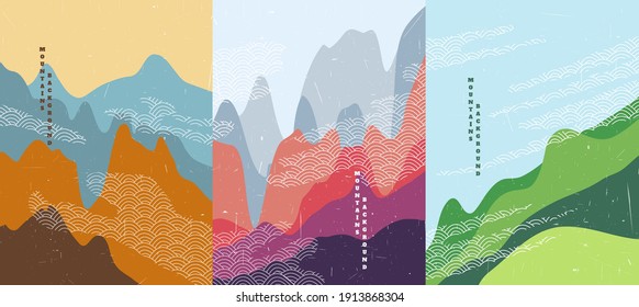 Vector illustration landscape. Vintage Asian style. Japanese pattern clouds. Hills background. Design for poster, book cover, web template, brochure.Aerial view. Mountain peak. Minimalist concept