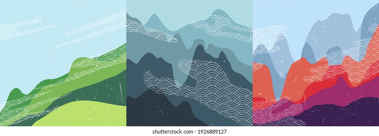 Vector illustration landscape. Vintage Asian style. Japanese pattern clouds. Hills background. Design elements for social media template, blog post, square banner. Aerial view. Mountain peak. 