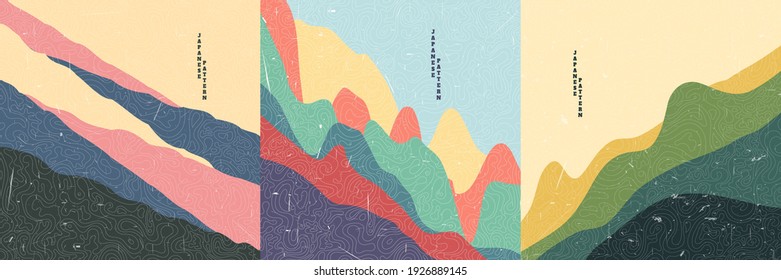 Vector illustration landscape. Vintage Asian style. Japanese pattern overlay. Hills background. Design elements for social media template, blog post, square banner. Aerial view. Mountain peak.