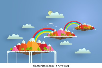 vector illustration of landscape and  waterfall with rainbow mountain