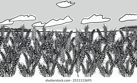 Ilustración vectorial del paisaje del campo de trigo. Dibujo en blanco y negro