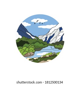 Vector illustration landscape with white mountains, green grass, river and sandy shore. Colored illustration in a circle. Travel and nature. Birds fly in the blue sky