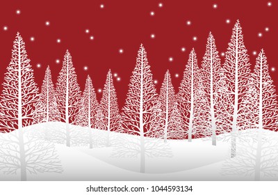 Vector illustration of landscape with white pine trees on snow hill on red sky with snow fall. Design for Merry Christmas, Happy New Year or Happy Holidays Greeting Card. 