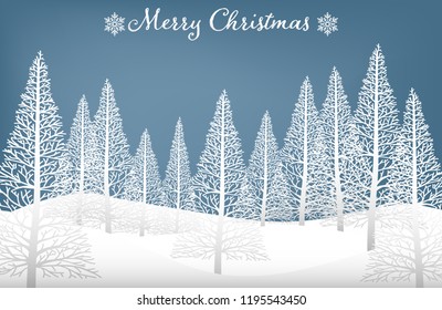 Vector illustration of landscape with white pine trees on snow hill and Merry Christmas text on blue sky. Design for Merry Christmas, Happy New Year or Happy Holidays Greeting Card. 