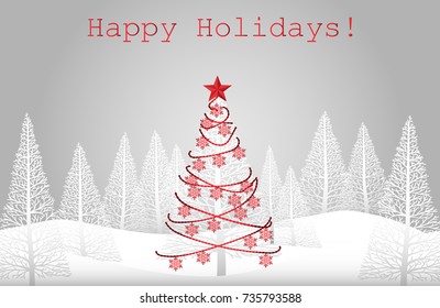 Vector illustration of landscape with white pine trees on snow hill and red "Happy Holidays!" text on gray sky. Design for Merry Christmas, Happy New Year or Happy Holidays Greeting Card. 