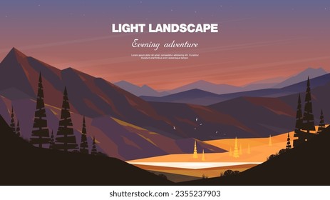 Vektorgrafik. Landschaft für Breitbild. Abends oder morgens im Gebirge. Warme Farben, viele Pläne. Die Schönheit der Natur. Bergfluss.