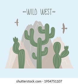 Vector illustration with landscape of wild west, where cactus, mountain, eagle and lettering