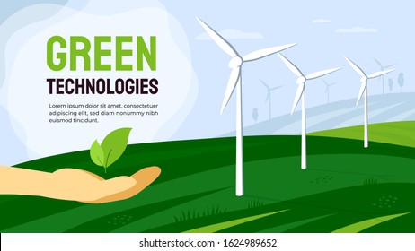Vector illustration of landscape with wind turbines, eco friendly energy converter. Green technologies, environment and power of future concept. Hand with plant leaves. 