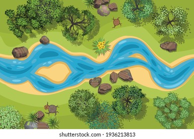 Vector illustration. Landscape with a winding river. (Top view)
River with forest shore. (View from above) - Shutterstock ID 1936213813