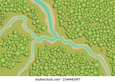 Vector Illustration. Landscape With A Winding River. (Top View)
River With Forest Shore. (View From Above)