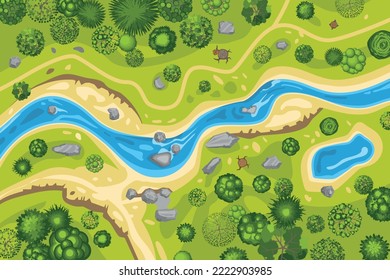 Vector illustration. Landscape with a winding river. (Top view)
River with forest shore. (View from above)