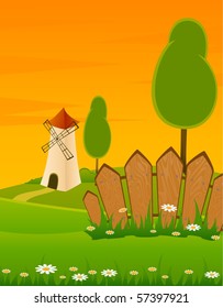 vector illustration of landscape windmill building