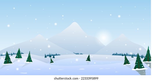 Vector illustration. Landscape of winter mountains with pines and hills. Background with falling snow. Winter Vector