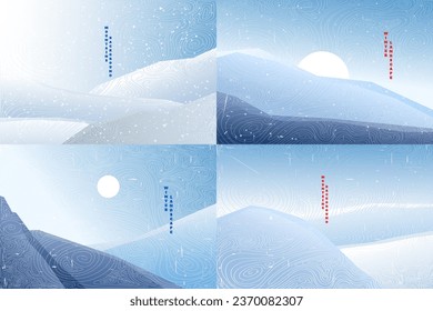 Vektorgrafik-Landschaft. Wintersaison. Abstrakte Karikaturen. Einfache Bildschirmhintergründe. Farbige Hintergrundsammlung. Website-Vorlage. Froster See. Weiß und Blau. Hügel und Berge