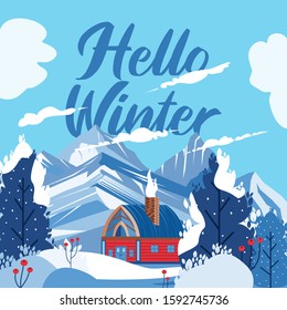 Vector illustration of landscape. Illustration of winter situation with a country house in a mountain valley surrounded by mountains, trees and frozen plants. Flat vector object