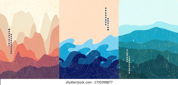 Vector illustration landscape. Wood surface texture. Hills, seascape, mountains. Japanese wave pattern. Mountain background. Asian style. Design for poster, book cover, web template, brochure.