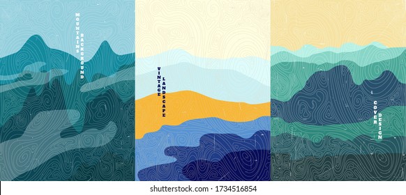 Vector illustration landscape. Wood surface texture. Mountain peaks, water in desert, green hills. Line pattern. Mountain background. Asian style. Design for poster, book cover, web template, brochure - Shutterstock ID 1734516854