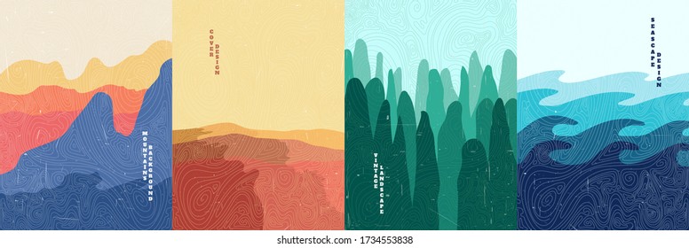 Vector illustration landscape. Wood surface texture. Mountains, desert, forest, sea. Japanese wave pattern. Mountain background. Asian style. Design for poster, book cover, web template, brochure.