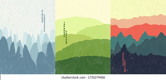 Vector illustration landscape. Wood surface texture. Rocks, meadow, mountain sunset scene. Line wave pattern. Mountain background. Asian style. Design for poster, book cover, web template, brochure.