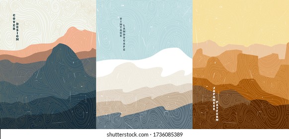 Vector Illustration Landscape. Wood Surface Texture. Desert Sunset. Himalayas. Mountain. Japanese Wave Pattern. Mountain Background. Asian Style. Design For Poster, Book Cover, Web Template, Brochure.