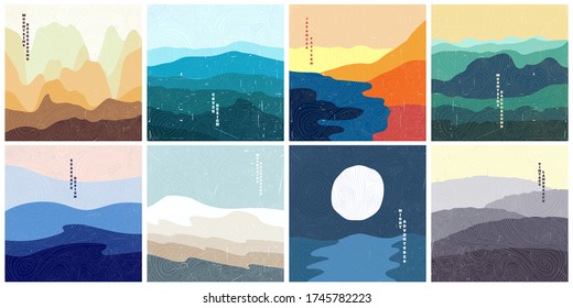 Vector Illustration Landscape. Wood Surface Texture. Japanese Wave Pattern. Mountain Background. Asian Style. Sunset Scene. Design For Social Media Wallpaper, Blog Post Template, Card, Poster