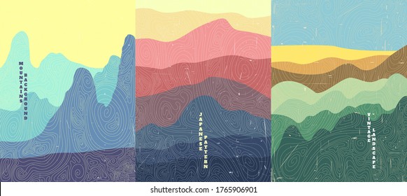 El paisaje de la ilustración vectorial. Textura de la superficie de madera. Colinas, montañas, pradera. Patrón de ondas japonesas. Fondo de montaña. estilo asiático. Diseño para afiches, portada de libros, plantilla web, folleto.