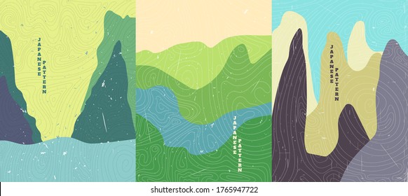 Vector illustration landscape. Wood surface texture. Hills and water, meadow, rocks. Line wave pattern. Mountain background. Asian style. Design for poster, book cover, web template, brochure.