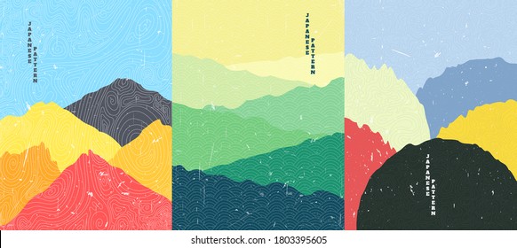 Vector illustration landscape. Wood surface texture. Rocks, meadow, mountain sunset scene. Line wave pattern. Mountain background. Asian style. Design for poster, book cover, web template, brochure.