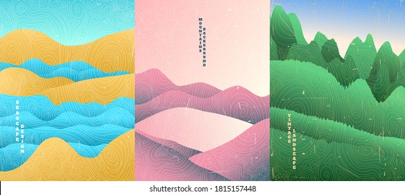El paisaje de la ilustración vectorial. Textura de la superficie de madera. Colinas, conchas marinas, montañas. Patrón de ondas japonesas. Fondo de montaña. estilo asiático. Diseño para afiches, portada de libros, plantilla web, folleto.