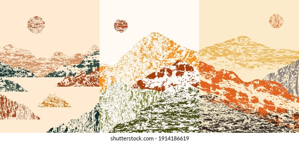 Vector illustration landscape. Wood surface texture. Hills near water, mountains. Mountain background. Asian style. Design for poster, book cover, web template, brochure, postcard. Interior wall decor