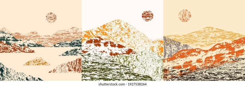 Vector illustration landscape. Wood surface texture. Hills near water, mountains. Mountain background. Asian style. Design elements for social media template, blog post, square banner.