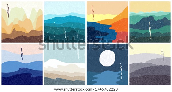 Vector illustration landscape. Wood surface\
texture. Japanese wave pattern. Mountain background. Asian style.\
Sunset scene. Design for social media wallpaper, blog post\
template, card, poster