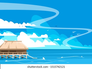 Vector illustration of a landscape of a wooden house standing on the water, sea landscape with clouds