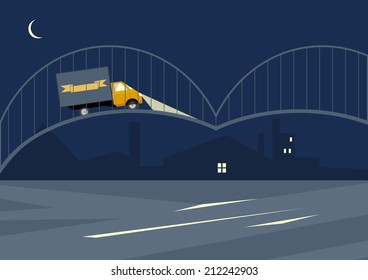 Vector illustration of landscape with yellow lorry.  Solid fill only no gradients, no gradient mech.  