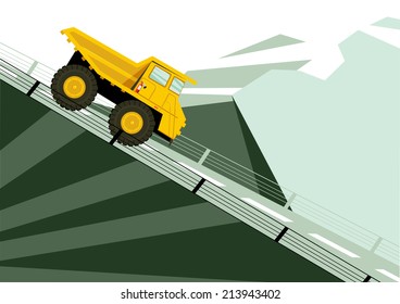 Vector illustration of landscape with yellow truck.  Solid fill only no gradients, no gradient mech.  