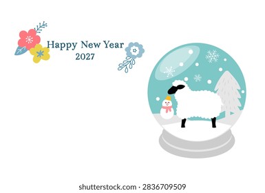 Vector illustration of a landscape-format New Year's greeting card featuring a snow globe containing a sheep.