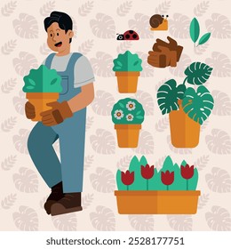 Ilustração vetorial de um paisagista segurando uma planta em vaso, com itens de jardinagem como luvas, flores, folhas e plantas decorativas.