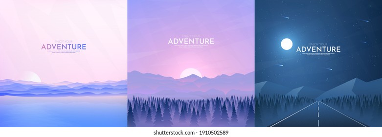 Vector illustration. Landscapes collection. Flat cartoon style. Triangle shapes. Misty forest, sunset scene, night highway. Design for banner, blog post, social media template, card.