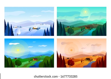 Vector illustration with landscapes at different times of the year. Suitable for the design of brochures, booklets, travel flyers.